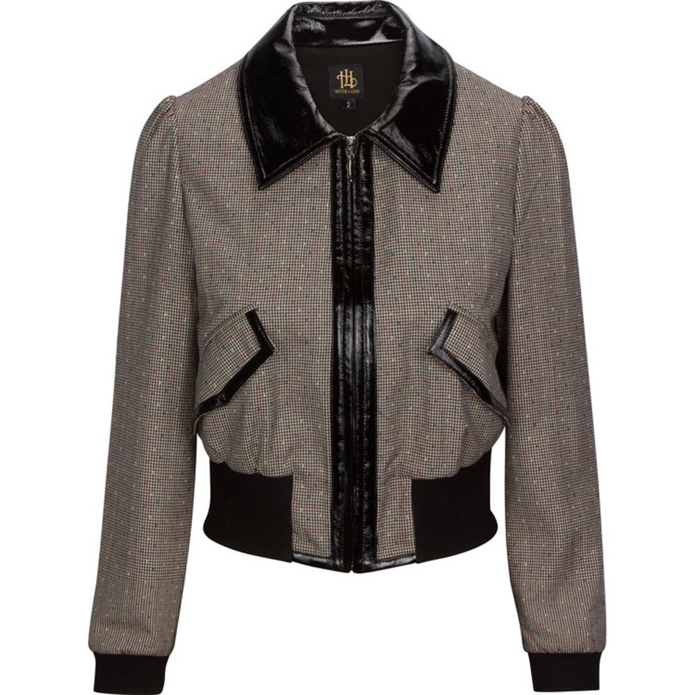 Plaid bomber jacket with leather collar and knit cuff.